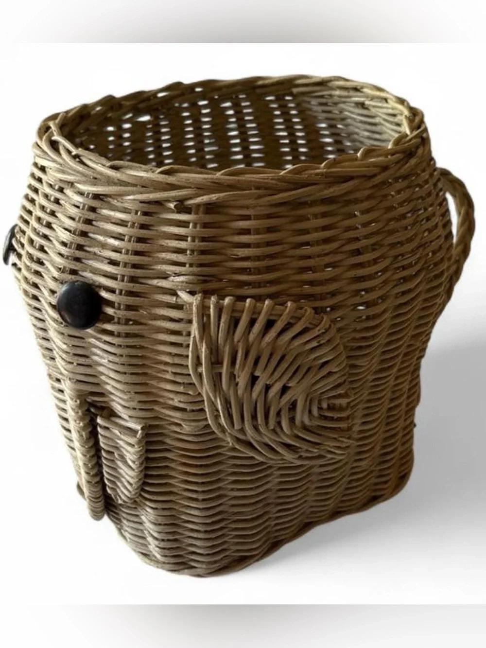 Woven Rattan Elephant Basket - Natural Beige with Dark Button Eyes
